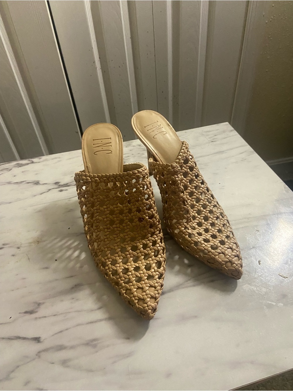 INC International Concepts Tan Woven Pointed Mules - Slip-On Braided Design
